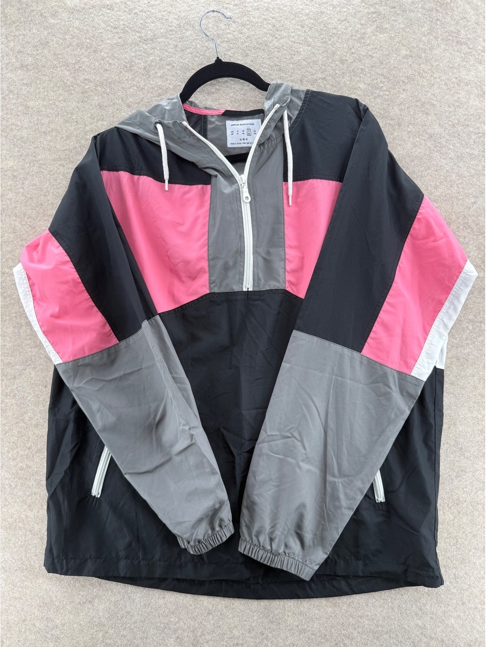 Urban Outfitters Colorblock Hooded Windbreaker Jacket Black Pink Gray Large